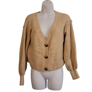 Topshop Cropped Cardigan XS Tan Button Front Knit Sweater Balloon Sleeve